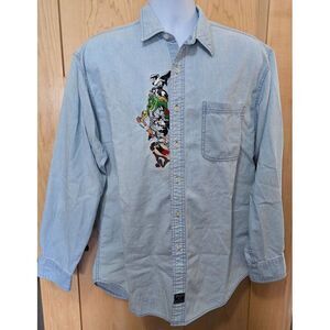 VTG Looney Tunes Embroidered Denim Shirt Mens M Bugs Bunny Daffy Duck Cartoon